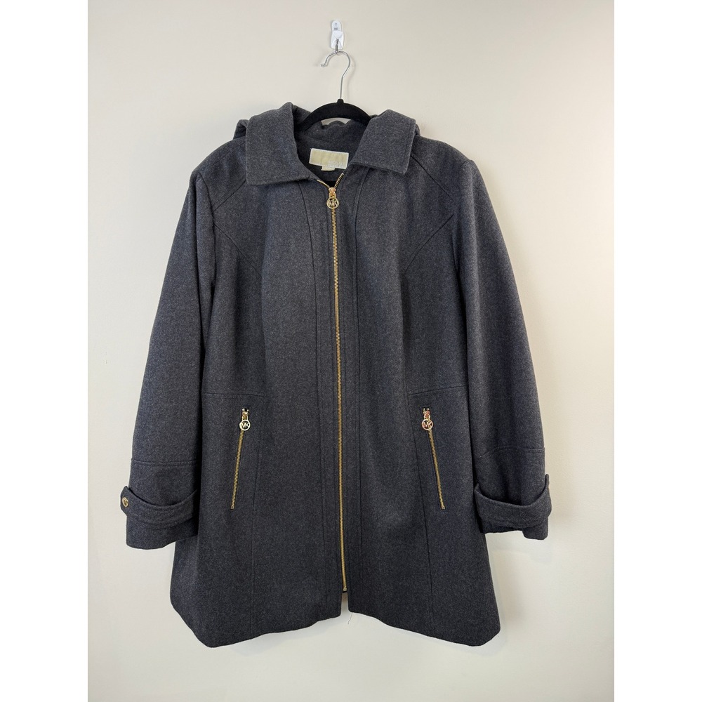 Michael Michael Kors Wool Blend Coat Women 22W Gray Gold Zip Hooded Outerwear